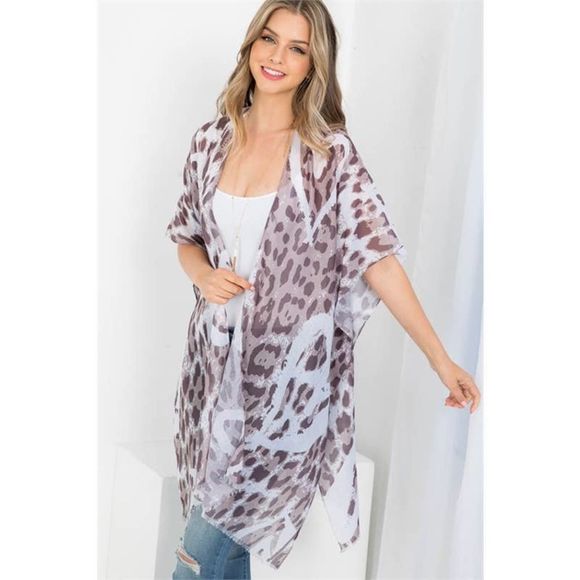 Boutique Sweaters - Gray Leopard Heart Print Open Front Kimono